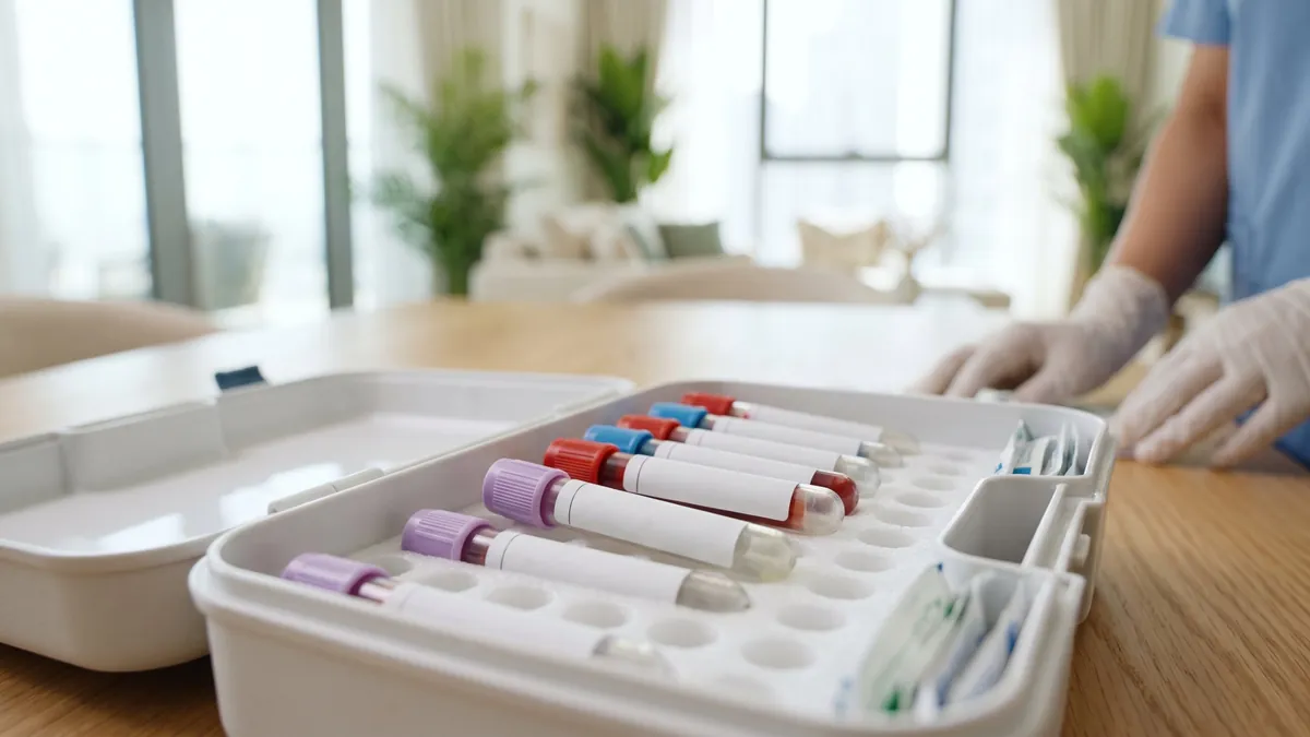 Labelled blood sample tubes ready for the laboratory