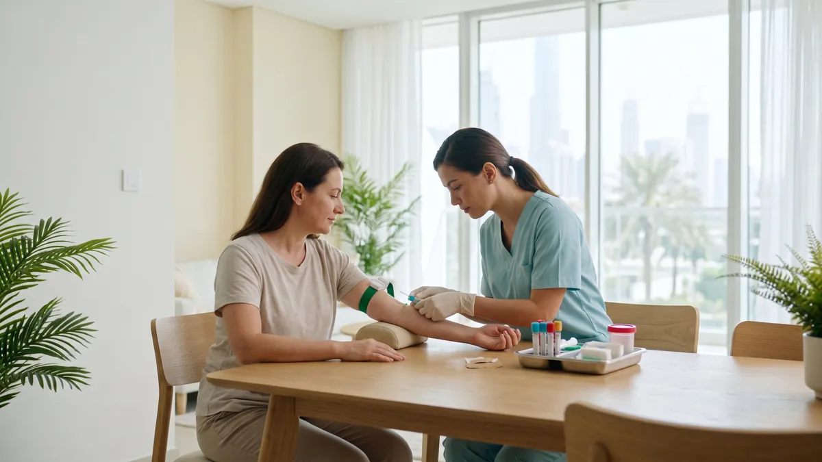 Nurse taking a blood test at home in Dubai