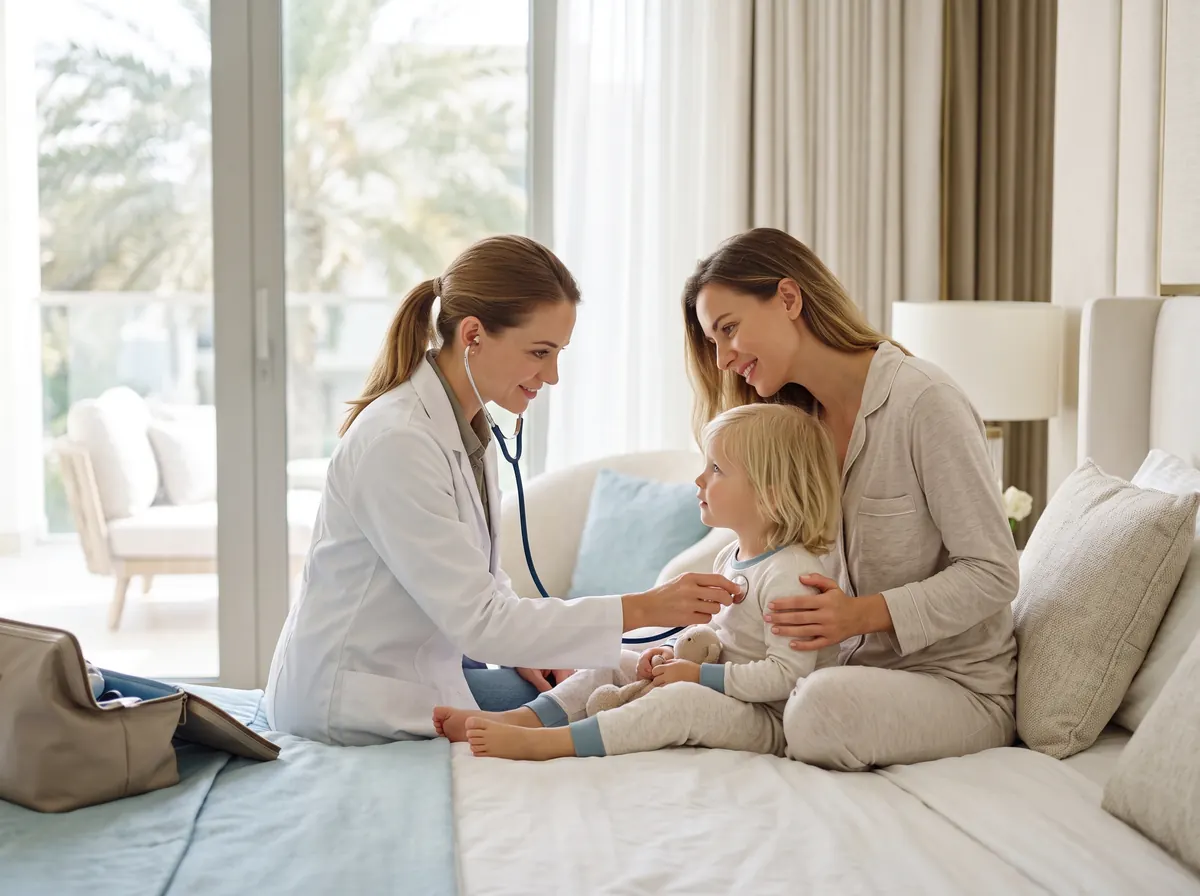 Doctor examining a child at home with the mother