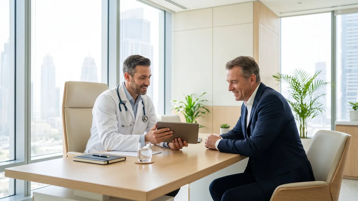 Doctor reviewing health check results with a patient