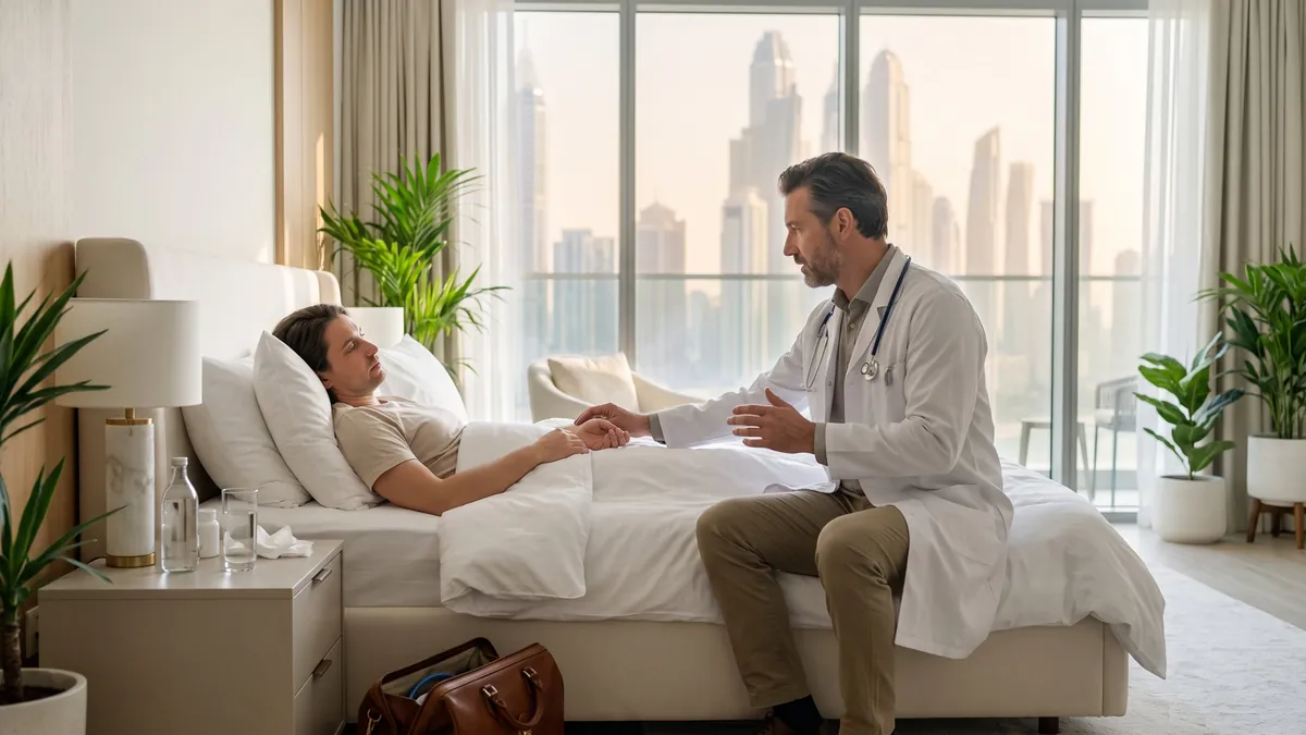 Doctor examining a patient in bed at home in Dubai