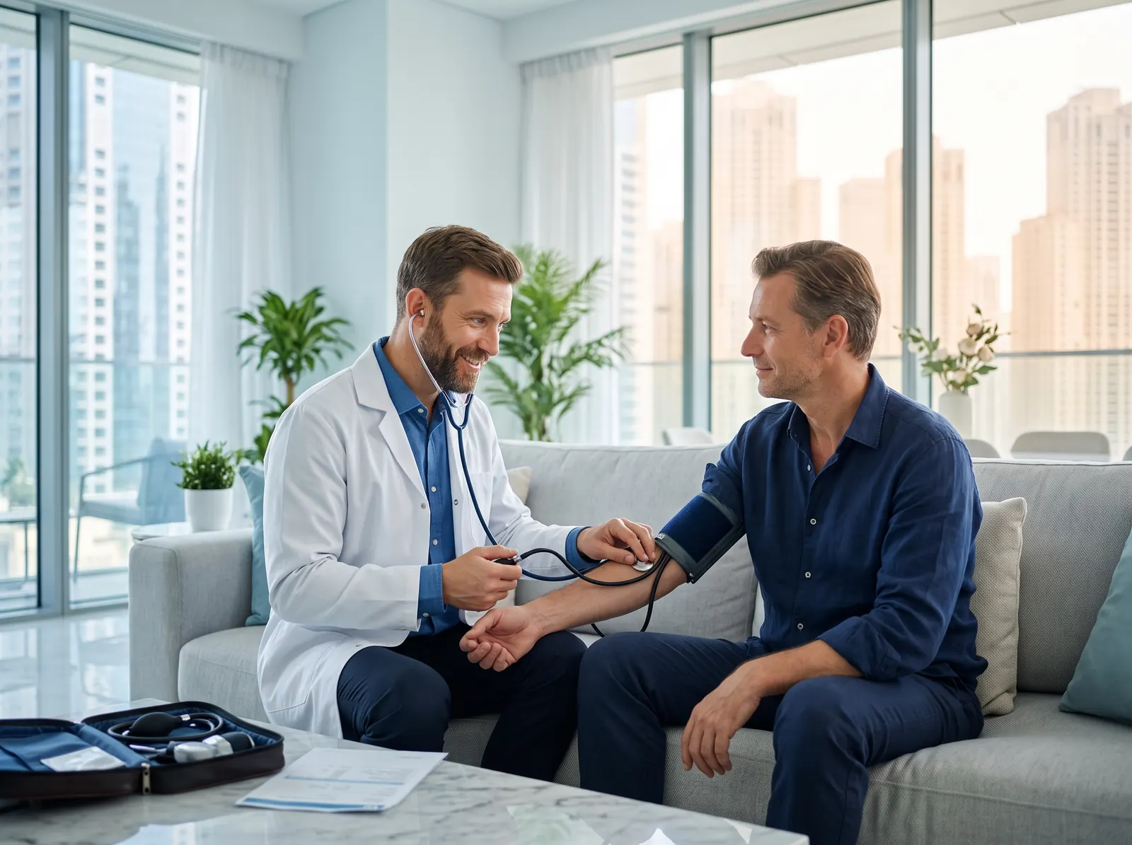 Doctor checking a patient's blood pressure at home in Dubai