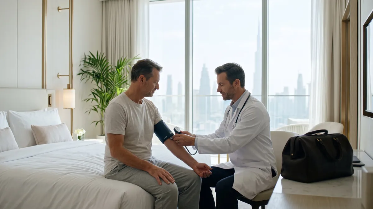 Doctor checking a hotel guest's blood pressure in Dubai