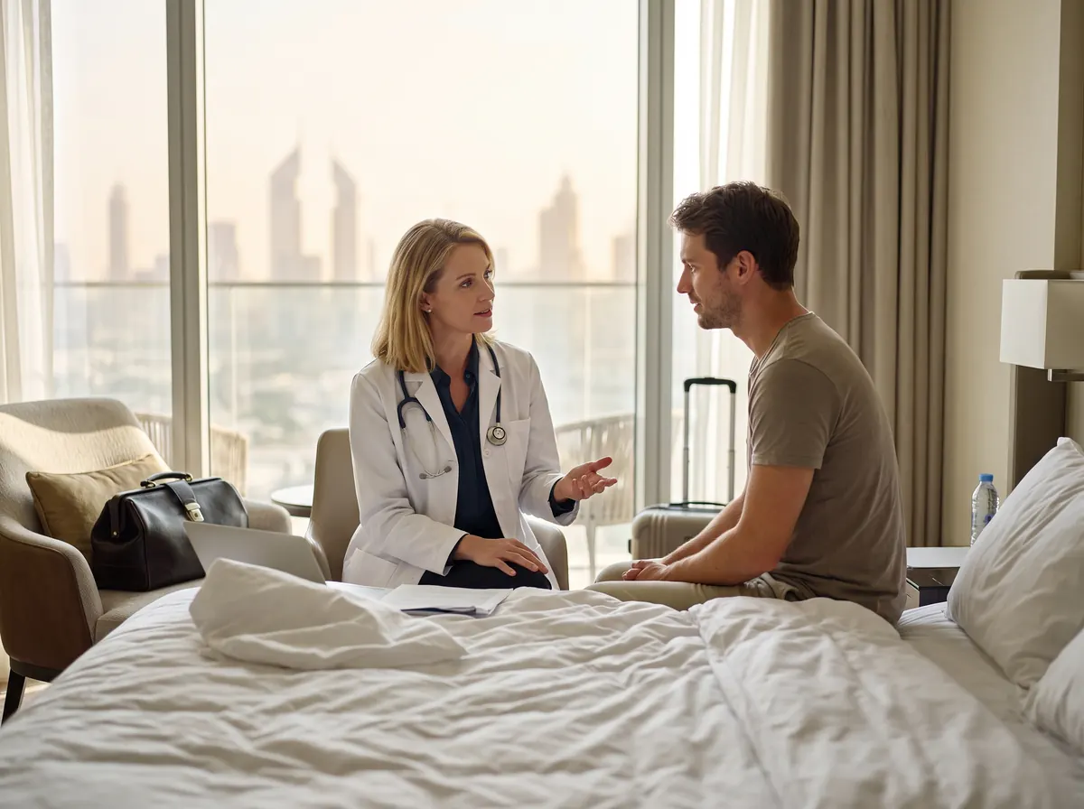 Doctor talking with a guest in a Dubai hotel room