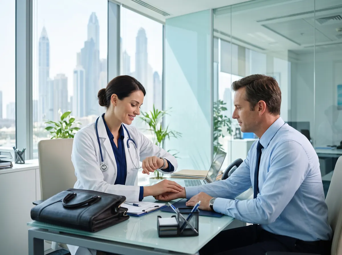 Doctor checking a patient's pulse at an office in Dubai