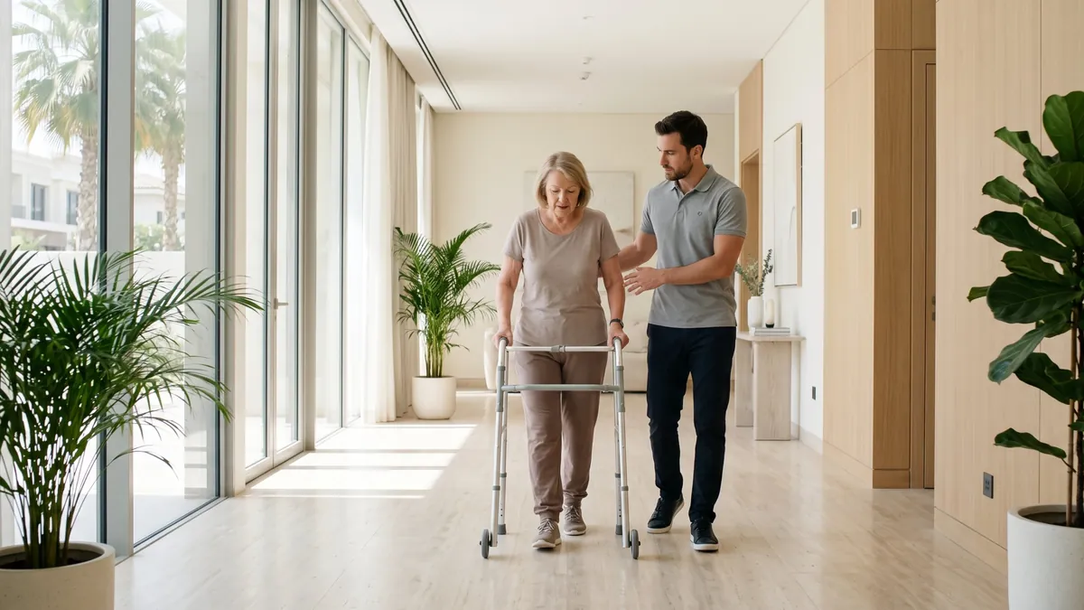 Patient walking with support during home physiotherapy
