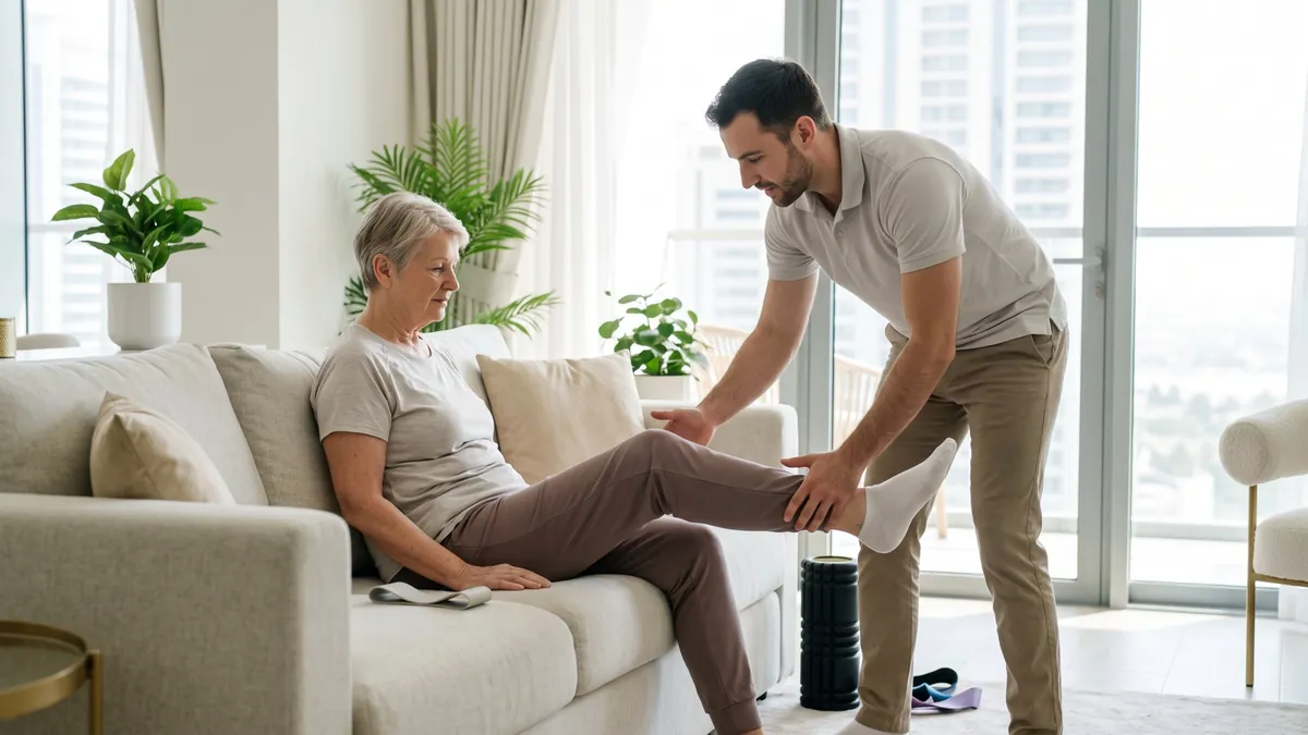 Physiotherapist helping a patient at home after knee surgery